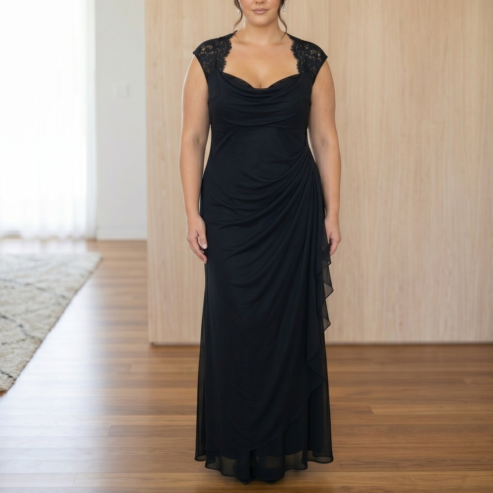 XSCAPE Joanna Chen Maxi Dress 16 Black Lace Cap Sleeve Cowl Neck Formal Romantic